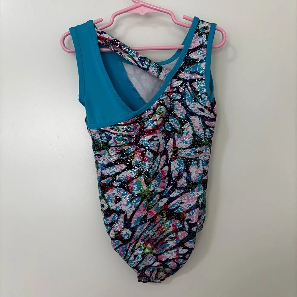 3/$15 Danskin Girls Teal Multi-Color One-Piece leotard gymnastics dance S 6/6X